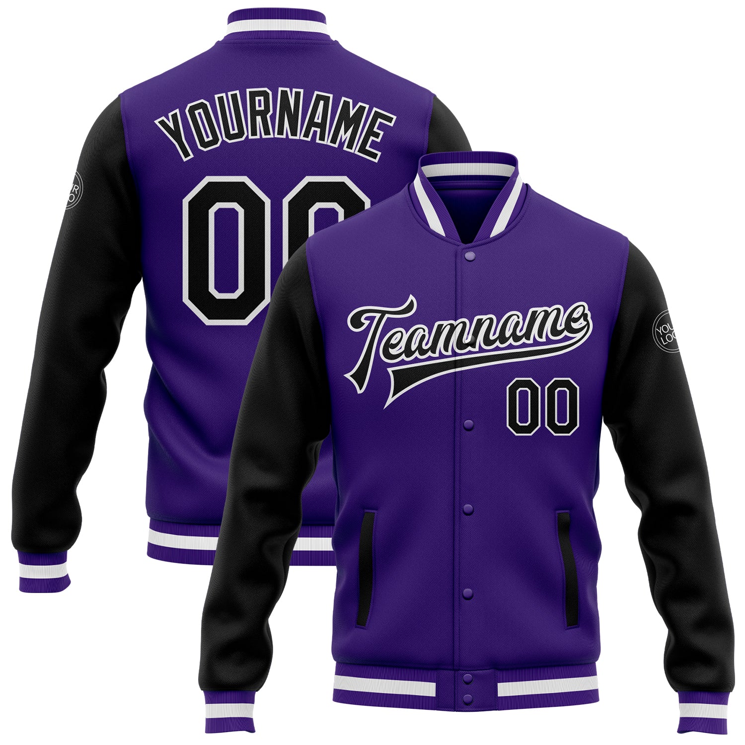 Custom Two Tone Purple Black White Varsity Letterman Bomber Jacket Full-Snap Design Custom Purple Black-White Bomber Full-Snap