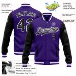 Custom Two Tone Purple Black White Varsity Letterman Bomber Jacket Full-Snap Design Custom Purple Black-White Bomber Full-Snap