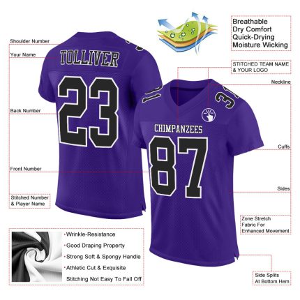 Authentic Custom Purple Black White Mesh Football Jersey for Men and Women Custom Purple Black-White Mesh Authentic Football