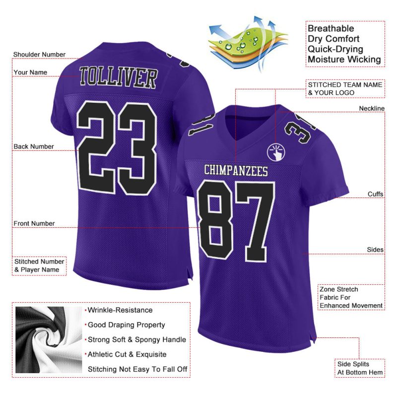 Authentic Custom Purple Black White Mesh Football Jersey for Men and Women Custom Purple Black-White Mesh Authentic Football