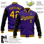 Custom Bomber Jacket Purple Gold Black Two Tone Full-Snap Varsity Letterman Custom Purple Gold-Black Bomber Full-Snap Varsity