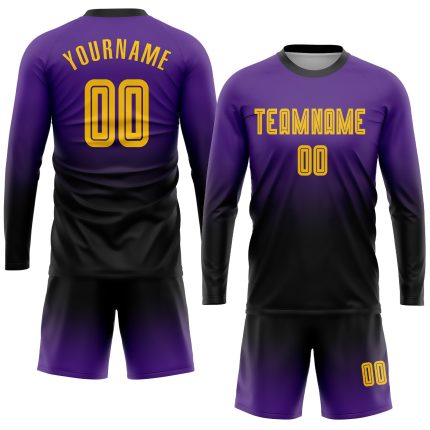 Custom Purple Gold-Black Soccer Jersey Long Sleeve Fade Fashion Uniform Custom Purple Gold-Black Sublimation Long Sleeve