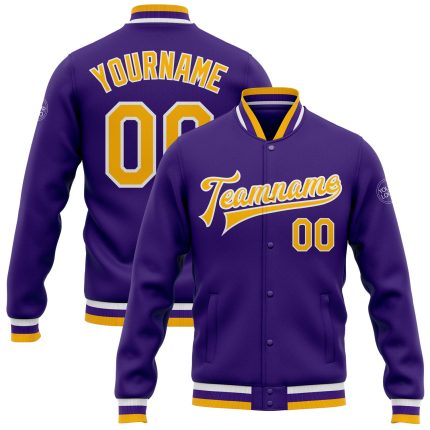 Custom purple, gold and white varsity letterman jacket