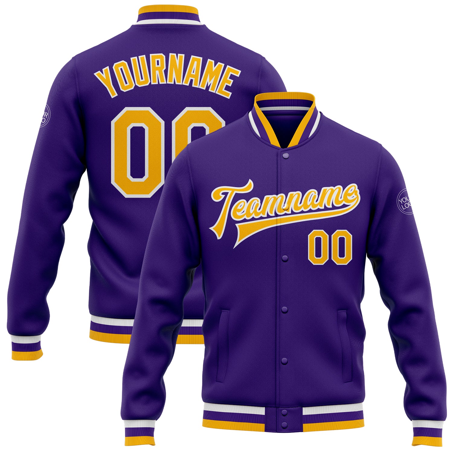 Custom purple, gold and white varsity letterman jacket