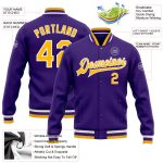 Custom purple, gold and white varsity letterman jacket, detail of the printed panel