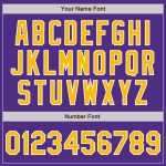 Custom purple, gold and white varsity letterman jacket, flat lay