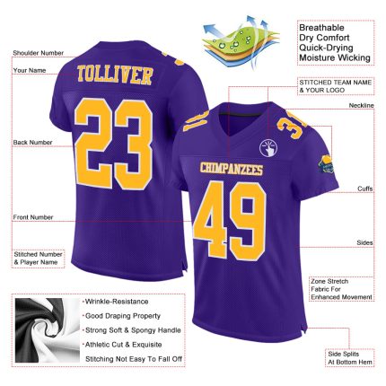 Custom Purple Gold-White Authentic Football Jersey - Premium Mesh Design Custom Purple Gold-White Mesh Authentic Football