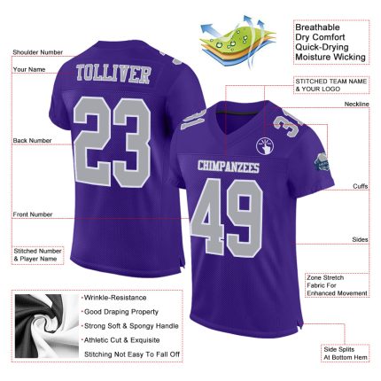 Custom Purple Gray White Football Jersey - Authentic Mesh Sports Apparel Custom Purple Gray-White Mesh Authentic Football