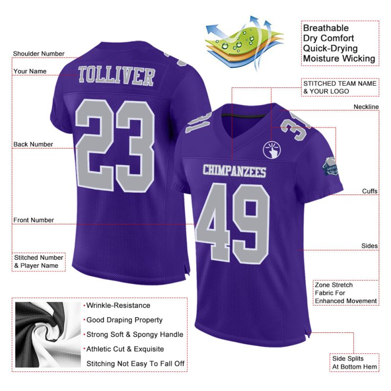 Custom Purple Gray White Football Jersey - Authentic Mesh Sports Apparel Custom Purple Gray-White Mesh Authentic Football