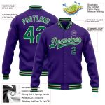 Custom Bomber Varsity Letterman Jacket in Purple, Kelly Green, Cream and Black - Full-Snap Design Custom Purple Kelly Green