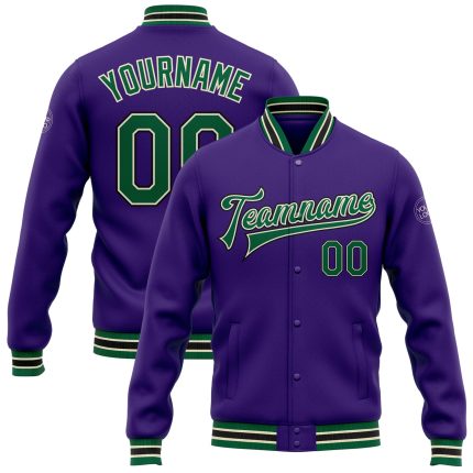 Custom Bomber Varsity Letterman Jacket in Purple, Kelly Green, Cream and Black - Full-Snap Design Custom Purple Kelly Green