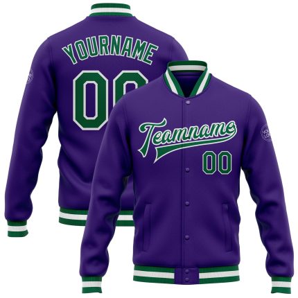 Custom Purple Green White Varsity Letterman Bomber Full-Snap Jacket Custom Purple Kelly Green-White Bomber Full-Snap Varsity