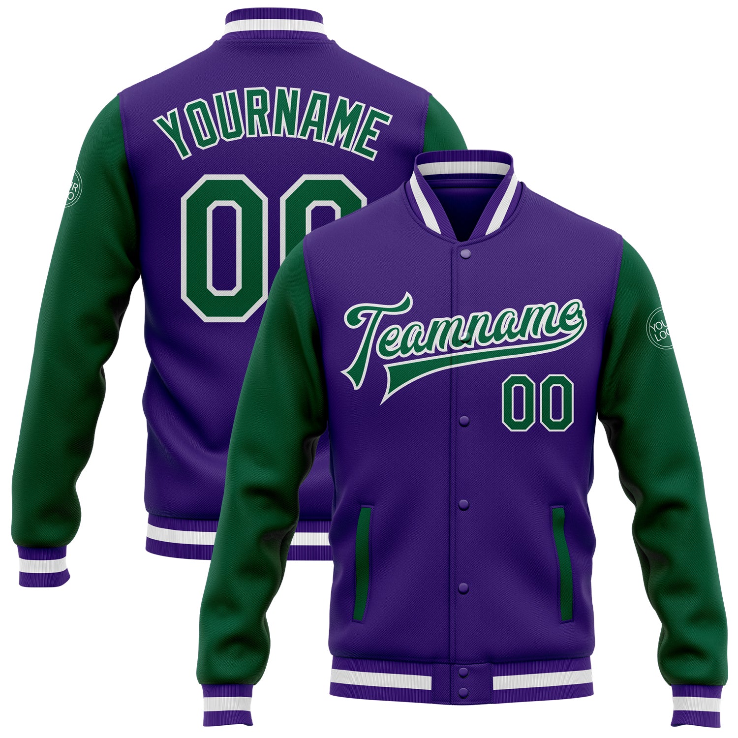 Custom Purple Kelly Green-White Bomber Full-Snap Varsity Letterman Two Tone Jacket Custom Varsity Letterman Jacket - Purple Kelly Green White Two Tone Bomber Full-Snap Custom Purple Kelly Green-White Bomber