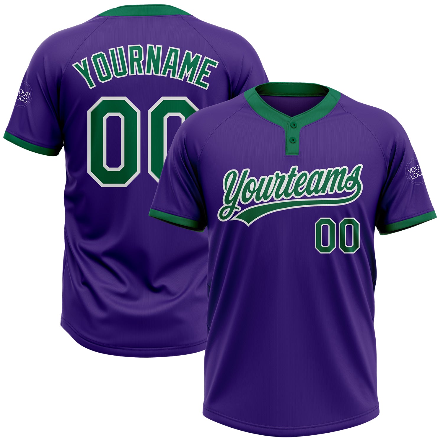 Custom Purple Kelly Green White Softball Jersey Unisex Two-Button Design Custom Purple Kelly Green-White Two-Button Unisex