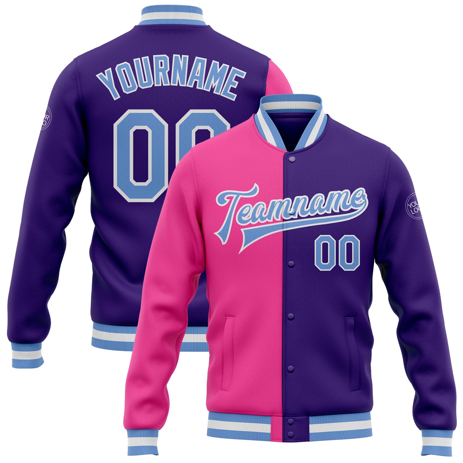 Custom Purple Light Blue Pink Varsity Letterman Bomber Jacket Full-Snap Fashion Coat Custom Purple Light Blue-Pink Bomber