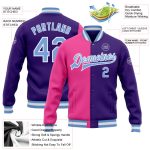 Custom Purple Light Blue Pink Varsity Letterman Bomber Jacket Full-Snap Fashion Coat Custom Purple Light Blue-Pink Bomber