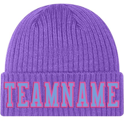Custom Purple Light Blue Pink Knit Cuffed Hat - Stylish Warm Winter Beanie Custom Purple Light Blue-Pink Stitched Cuffed