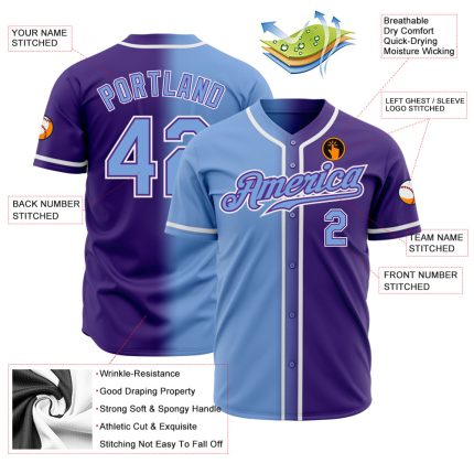 Custom Purple Light Blue White Fade Baseball Jersey - Authentic Fashion Sportswear Custom Purple Light Blue-White Authentic