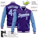 Custom Two Tone Purple Light Blue White Bomber Varsity Letterman Full-Snap Jacket Custom Purple Light Blue-White Bomber Full-Snap