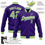 Custom Neon Bomber Jacket in Purple Green White - Full Snap Varsity Letterman Style Custom Purple Neon Green-White Bomber