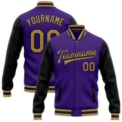 Custom Purple & Gold Bomber Varsity Letterman Full-Snap Two Tone Jacket Custom Purple Old Gold-Black Bomber Full-Snap Varsity