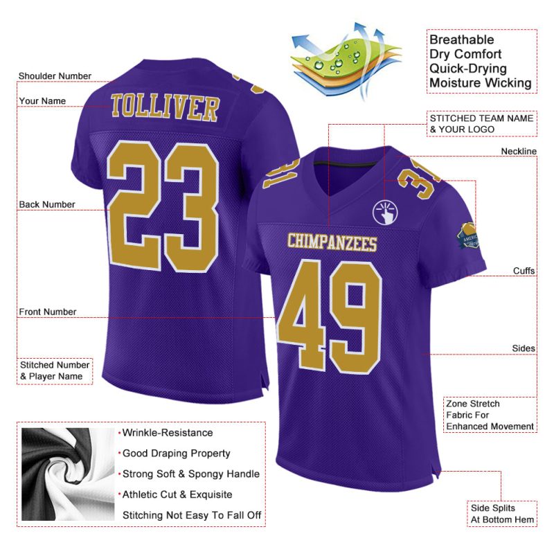 Custom Purple White Gold Mesh Authentic Football Jersey Custom Purple Old Gold-White Mesh Authentic Football Jersey