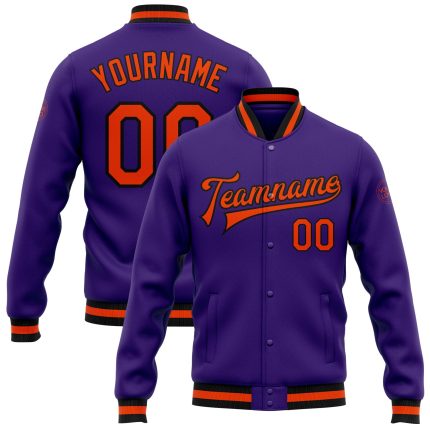 Custom Varsity Letterman Jacket Purple Orange Black Full-Snap Bomber Custom Purple Orange-Black Bomber Full-Snap Varsity