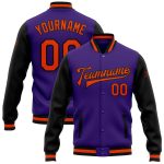Custom Two Tone Bomber Jacket - Purple Orange Black Full-Snap Varsity Letterman Custom Purple Orange-Black Bomber Full-Snap