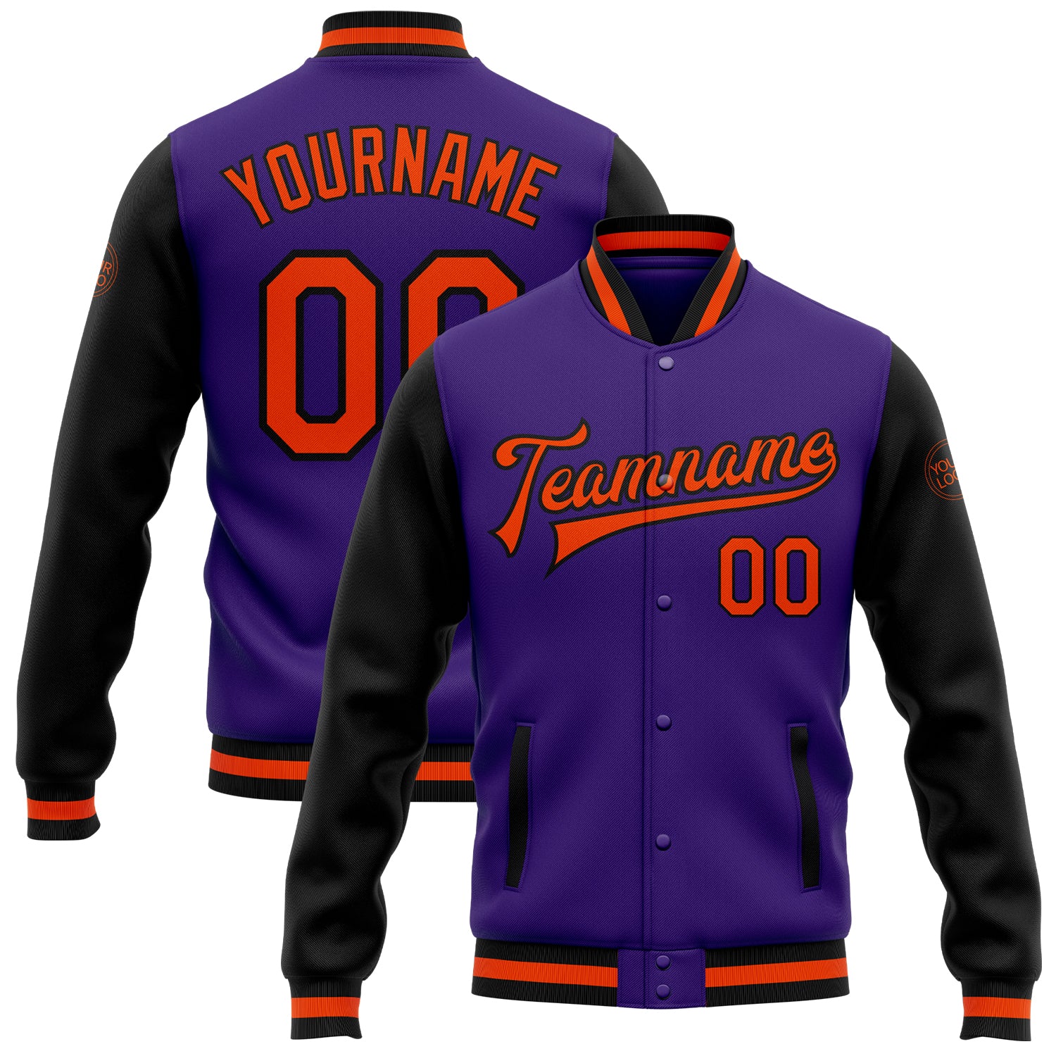 Custom Two Tone Bomber Jacket - Purple Orange Black Full-Snap Varsity Letterman Custom Purple Orange-Black Bomber Full-Snap