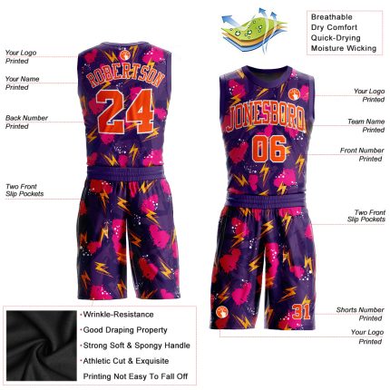 Custom Basketball Jersey for Music Festival, Purple Orange-Gold Round Neck Sublimation Suit Custom Purple Orange-Gold Music