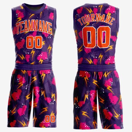 Custom Basketball Jersey for Music Festival, Purple Orange-Gold Round Neck Sublimation Suit Custom Purple Orange-Gold Music
