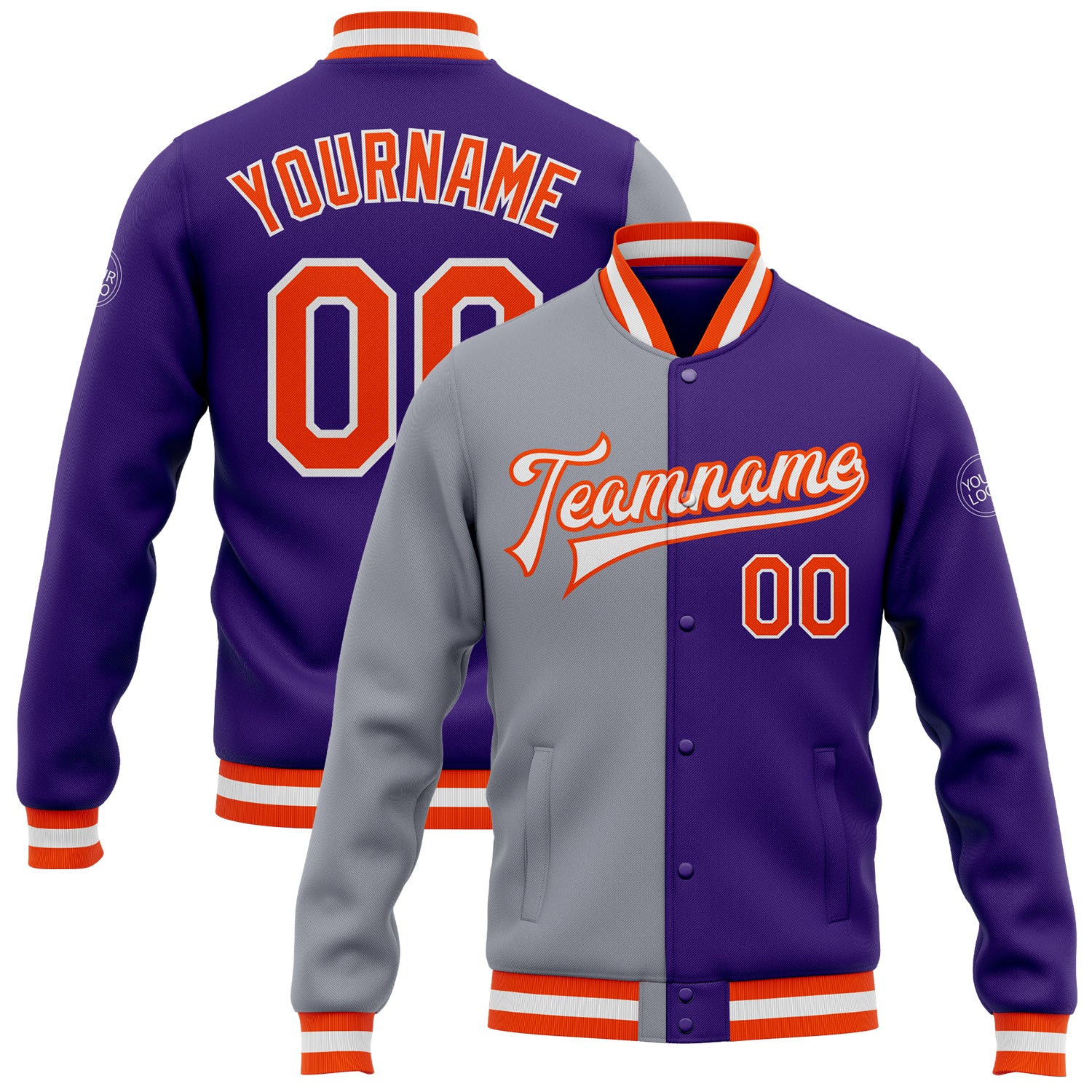 Custom Orange Purple Gray Bomber Varsity Letterman Jacket Full-Snap Fashion Custom Purple Orange-Gray Bomber Full-Snap Varsity