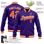 Custom Purple Orange White Bomber Jacket Full-Snap Varsity Letterman Design Custom Purple Orange-White Bomber Full-Snap Varsity