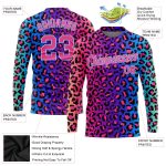 Custom Leopard 3D Pattern Long Sleeve Performance T-Shirt in Purple Pink and Light Blue Custom Purple Pink-Light Blue Leopard