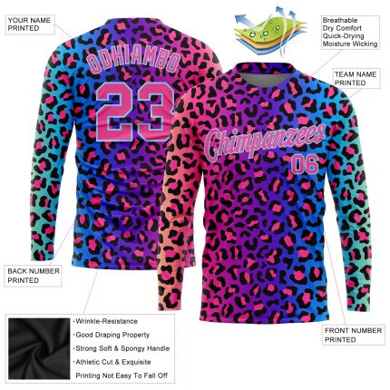 Custom Leopard 3D Pattern Long Sleeve Performance T-Shirt in Purple Pink and Light Blue Custom Purple Pink-Light Blue Leopard