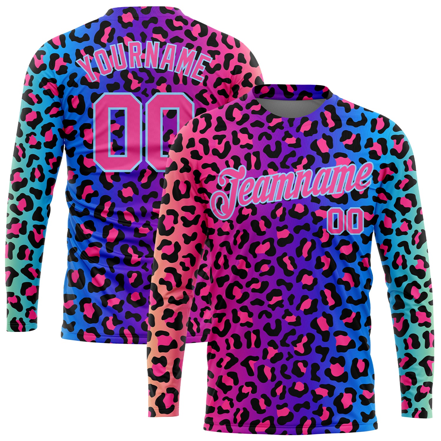 Custom Leopard 3D Pattern Long Sleeve Performance T-Shirt in Purple Pink and Light Blue Custom Purple Pink-Light Blue Leopard