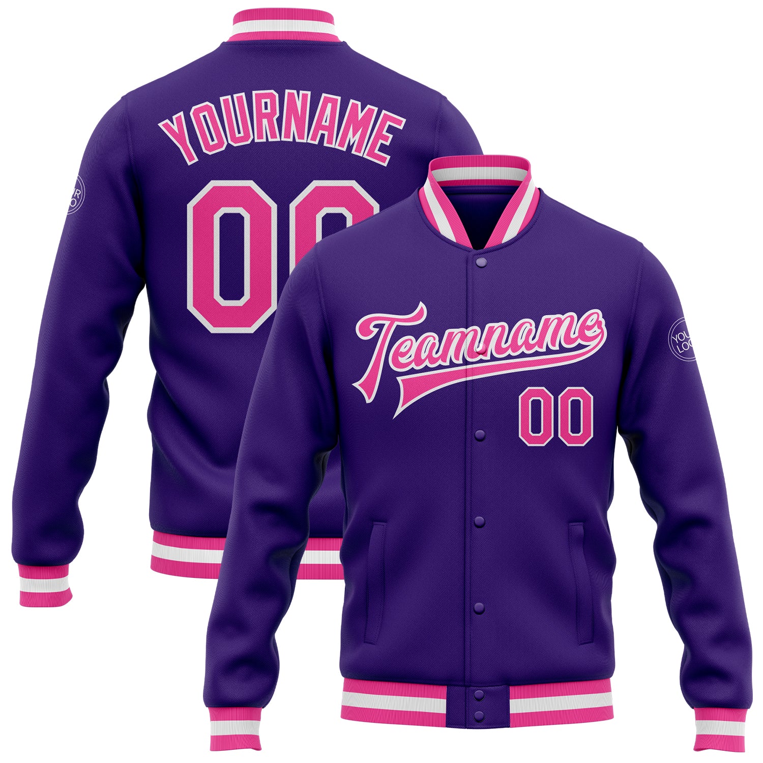 Custom Purple Pink-White Bomber Full-Snap Varsity Letterman Jacket Purple Pink White Varsity Letterman Bomber Jacket Full-Snap Custom Design Custom Purple Pink-White Bomber Full-Snap Varsity