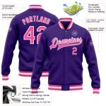 Purple Pink White Varsity Letterman Bomber Jacket Full-Snap Custom Design Custom Purple Pink-White Bomber Full-Snap Varsity