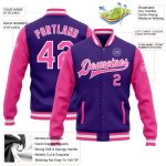 Custom Purple Pink White Varsity Letterman Bomber Jacket Two Tone Full-Snap Custom Purple Pink-White Bomber Full-Snap Varsity