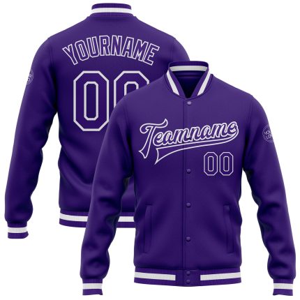 Custom Purple White Bomber Varsity Letterman Jacket Full-Snap for Men and Women Custom Purple Purple-White Bomber Full-Snap