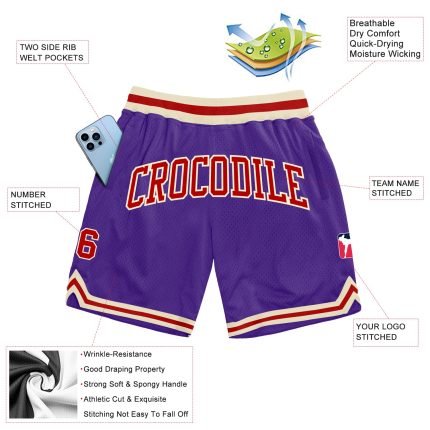 Custom Authentic Basketball Shorts in Purple Red-Cream - Throwback Style Custom Purple Red-Cream Authentic Throwback Basketball