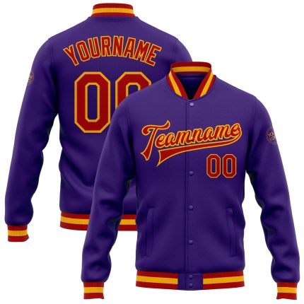 Custom Purple Red-Gold Varsity Letterman Jacket Full-Snap Bomber Custom Purple Red-Gold Bomber Full-Snap Varsity Letterman