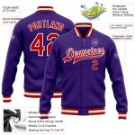 Custom Purple Red White Varsity Letterman Jacket Bomber Full-Snap Style Custom Purple Red-White Bomber Full-Snap Varsity