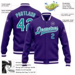 Custom Bomber Jacket Teal White Purple Full-Snap Varsity Letterman for Men and Women Custom Purple Teal-White Bomber Full-Snap