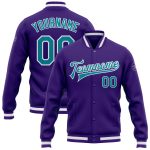Custom Bomber Jacket Teal White Purple Full-Snap Varsity Letterman for Men and Women Custom Purple Teal-White Bomber Full-Snap