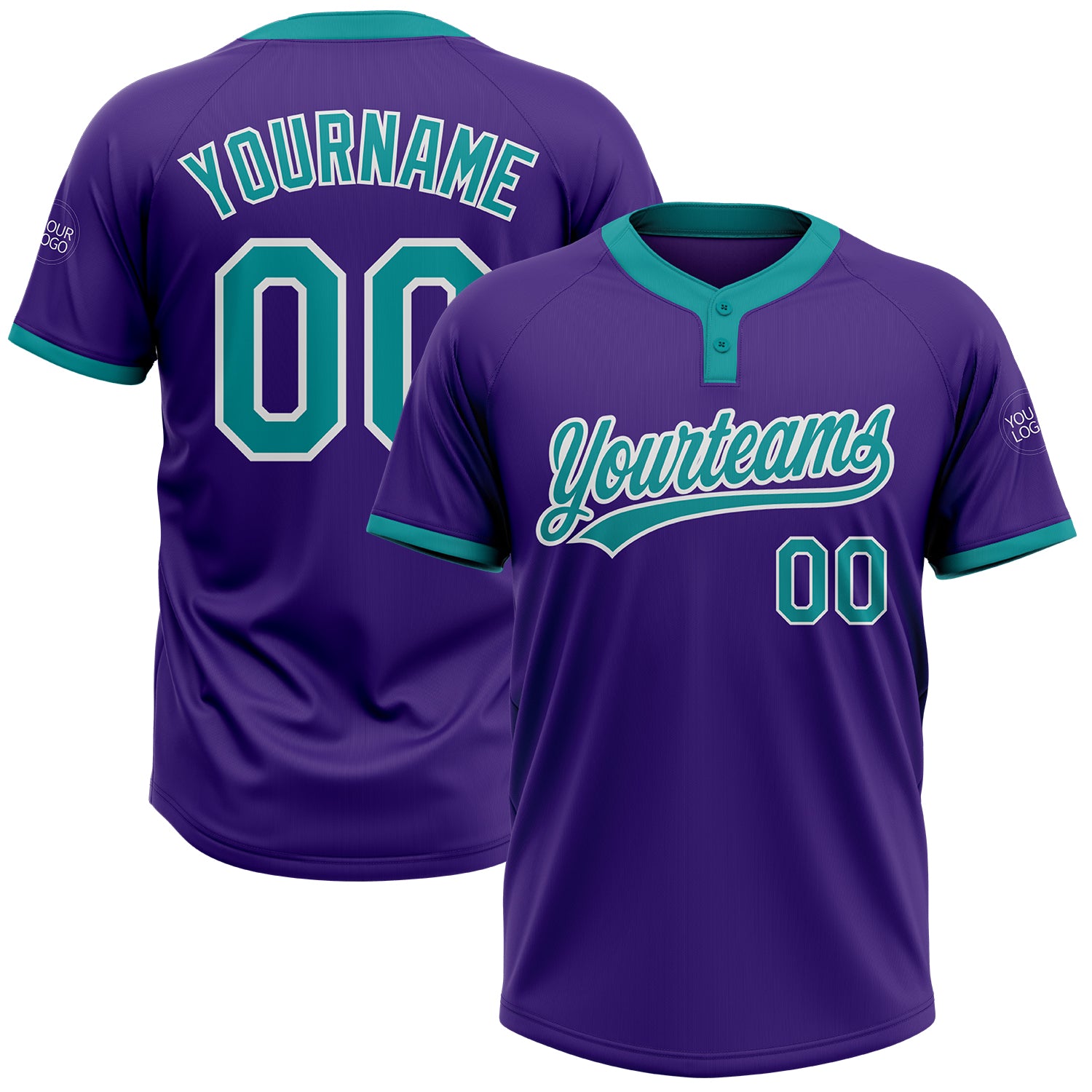 Custom Purple Teal White Unisex Softball Jersey Two-Button Design Custom Purple Teal-White Two-Button Unisex Softball Jersey