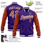 Purple Texas Orange White Two Tone Varsity Bomber Jacket Custom Full-Snap Letterman Custom Purple Texas Orange-White Bomber