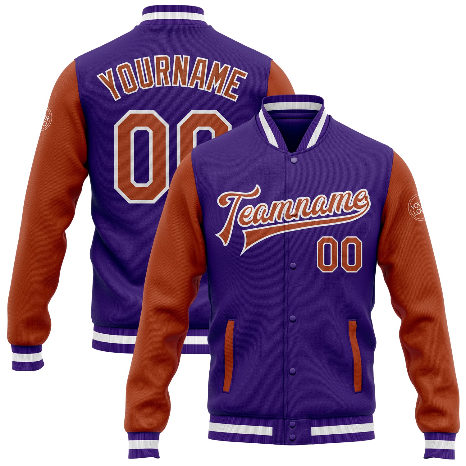 Custom Purple Texas Orange-White Bomber Full-Snap Varsity Letterman Two Tone Jacket Purple Texas Orange White Two Tone Varsity Bomber Jacket Custom Full-Snap Letterman Custom Purple Texas Orange-White Bomber