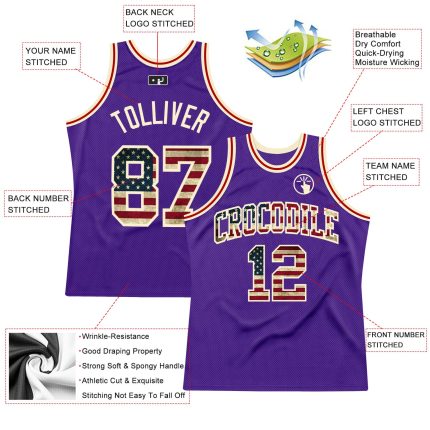 Custom Purple Vintage USA Flag Basketball Jersey - Cream Authentic Throwback Design Custom Purple Vintage USA Flag-Cream