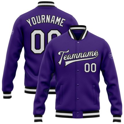 Custom Varsity Letterman Jacket in Purple, White & Black - Full-Snap Bomber Style Custom Purple White-Black Bomber Full-Snap